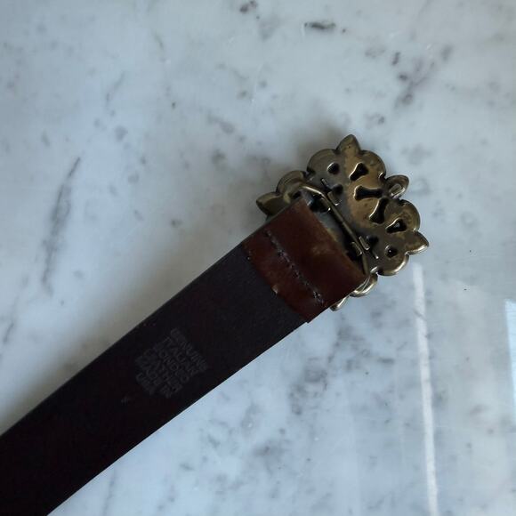 Y2K Brown Leather Belt Floral Rhinestone Buckle Blue Green Western Boho USA Made main image 2
